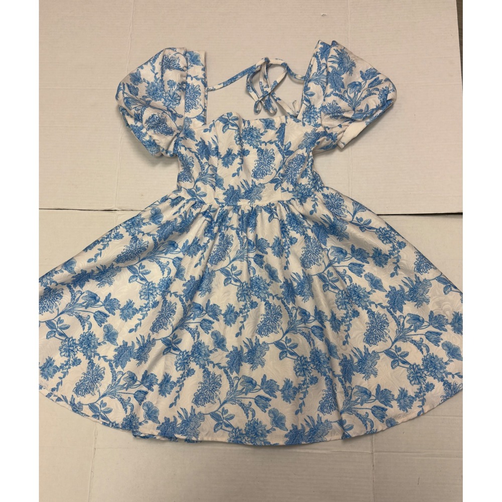 Womens‎ Floral Puff Sleeve Mini Dress S Blue White Toile Jacquard Coquette - Picture 4 of 7